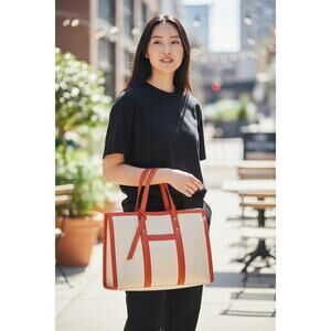 Big Buddha Tan & Orange Leather‎ Trim Tote Bag – Good Condition